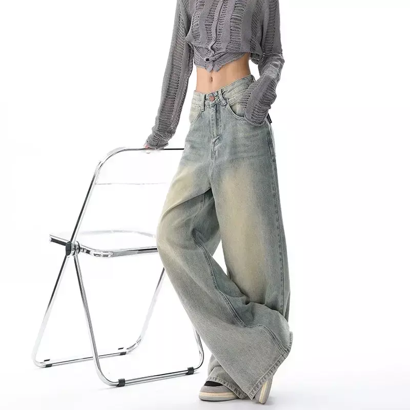 QWEEK-pantalones vaqueros holgados de pierna ancha para mujer, ropa de calle coreana, Vintage, Y2K, de cintura alta, informales, rectos, Grunge