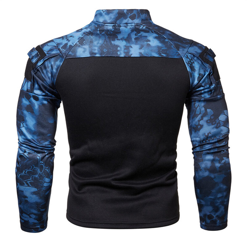 Mens Camouflage Shirt Long Sleeve Half Zip Neck Pullover Shirts Sports Gym Workout Slim Fitness Bodybuilding Blouse Tee Tops