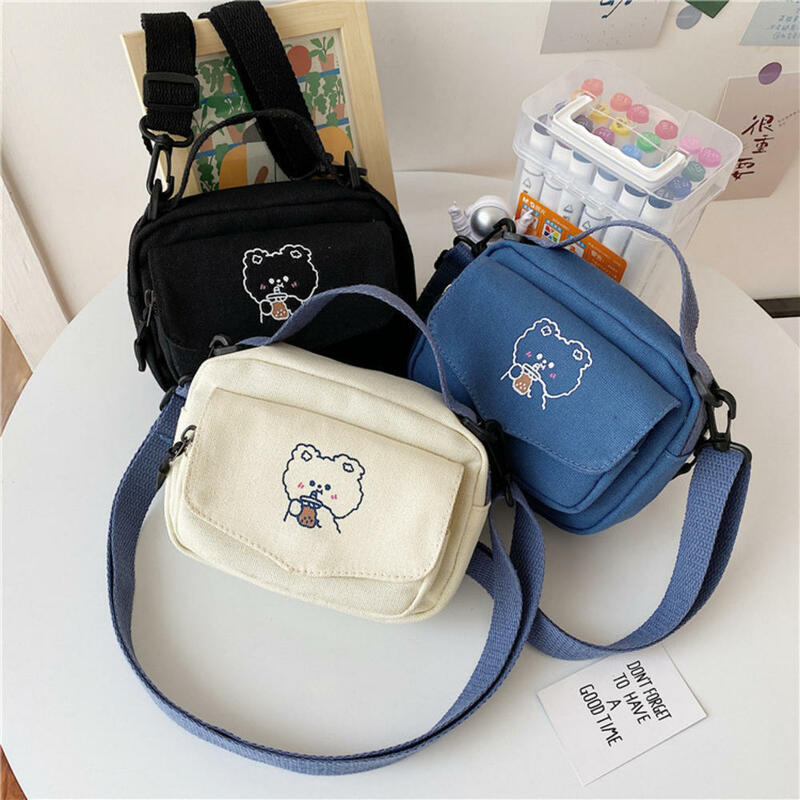 Canvas Women Phone Bag Cartoon Bear Head Printed Shoulder Messenger Bag Hit Color Flap Purse Casual Handbag Female Shopping Bags