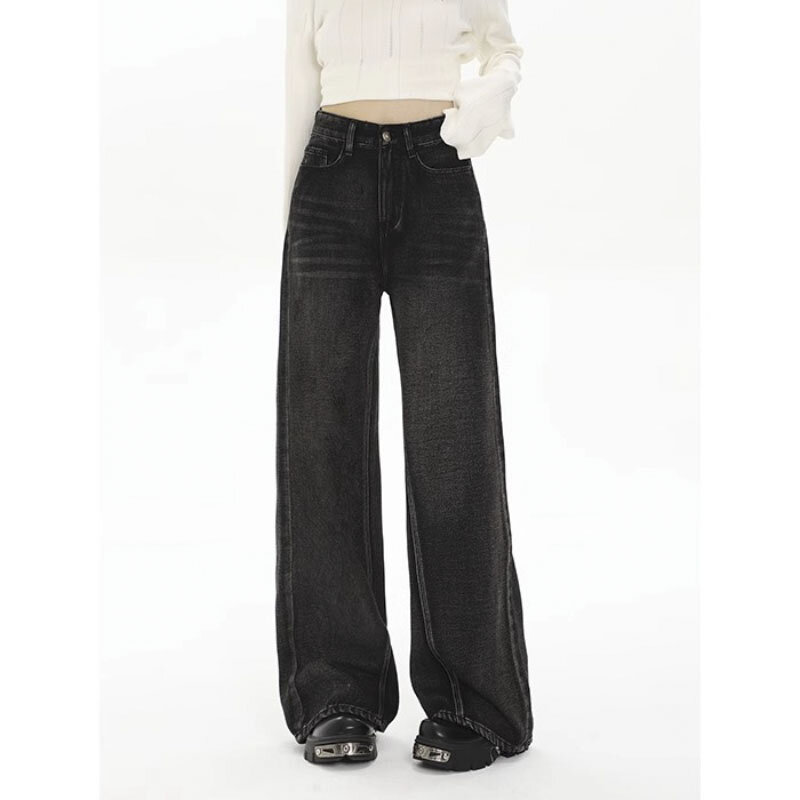 Jeans de perna reta cintura alta feminino, calça jeans vintage, calça chique, versão estreita, alta qualidade, básico para o outono, moda