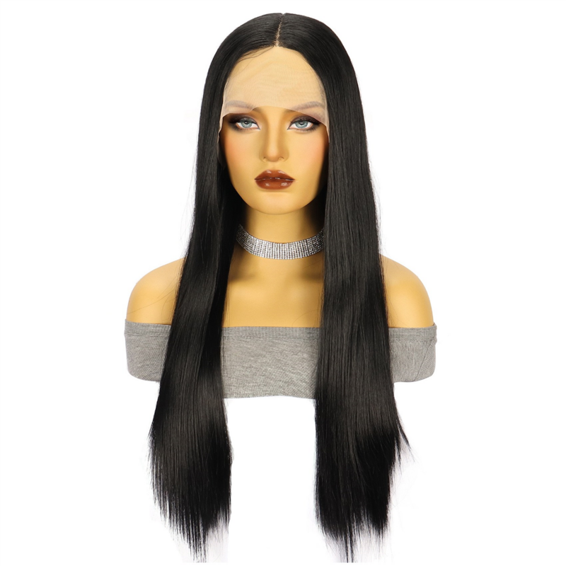 Women'S Black Long Straight Hair Lace Front Medium Split Fiber Headband Glue-Free Wig for Daily Use and Cosplay