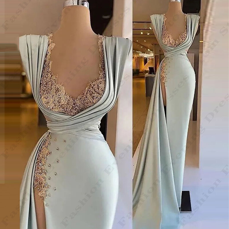 Gorgeous Satin Beautiful Evening Dresses Exquisite Elegant A-line Off Shoulder Sleeveless High Split Simple Mopping Prom Gowns