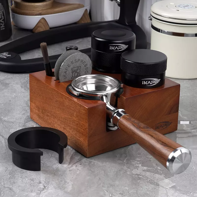 IKAPE-Soporte de madera para Espresso, Base de estación de manipulación de café, alfombrilla para Espresso, compatible con 51/54/58mm (7 en uno)
