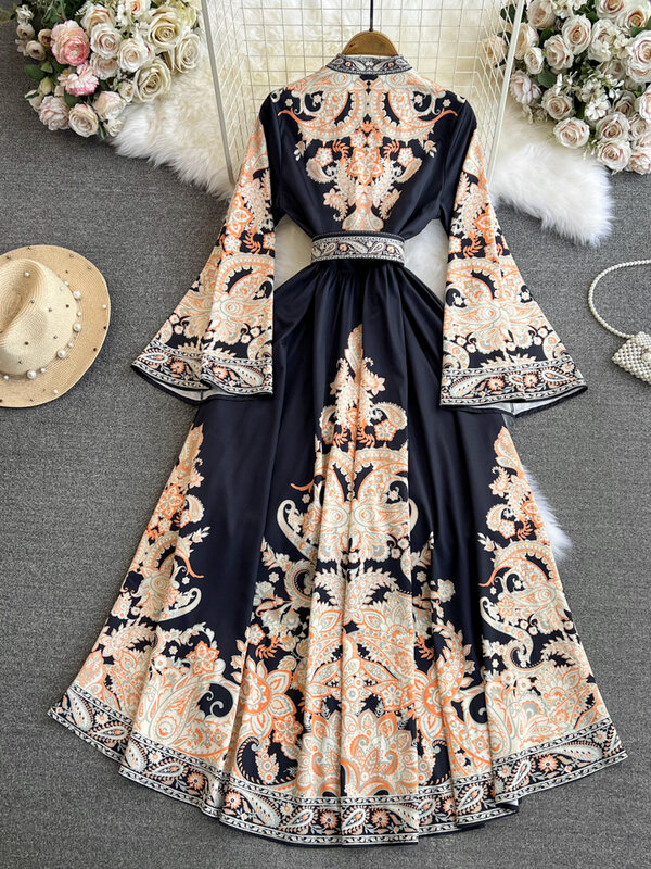 Eleganti abiti lunghi da donna Vintage manica lunga stampa floreale Boho Vestidos Luxury Beach Party Maxi Dress Ladies primavera autunno