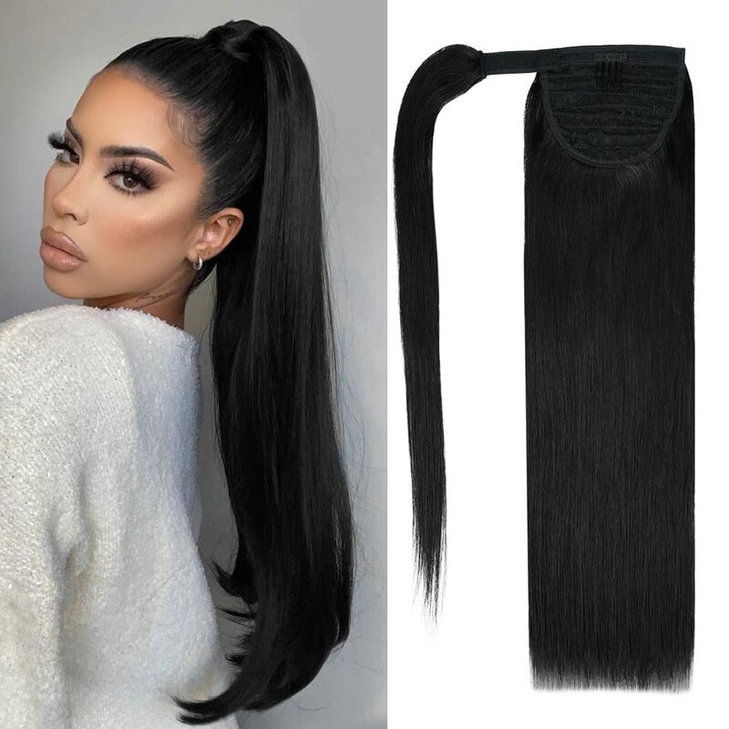 Ponytail Human Hair Wrap Around Long Straight 100% Remy Hair Extensions Clip Ins Natural Black Color #1 Hairpiece For Women