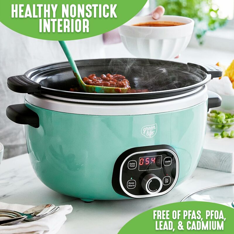 GreenLife Cook Duo Healthy Ceramic Nonstick Programmable 6 Quart Family-Sized Slow Cooker, PFAS-Free, Removable Lid and Pot