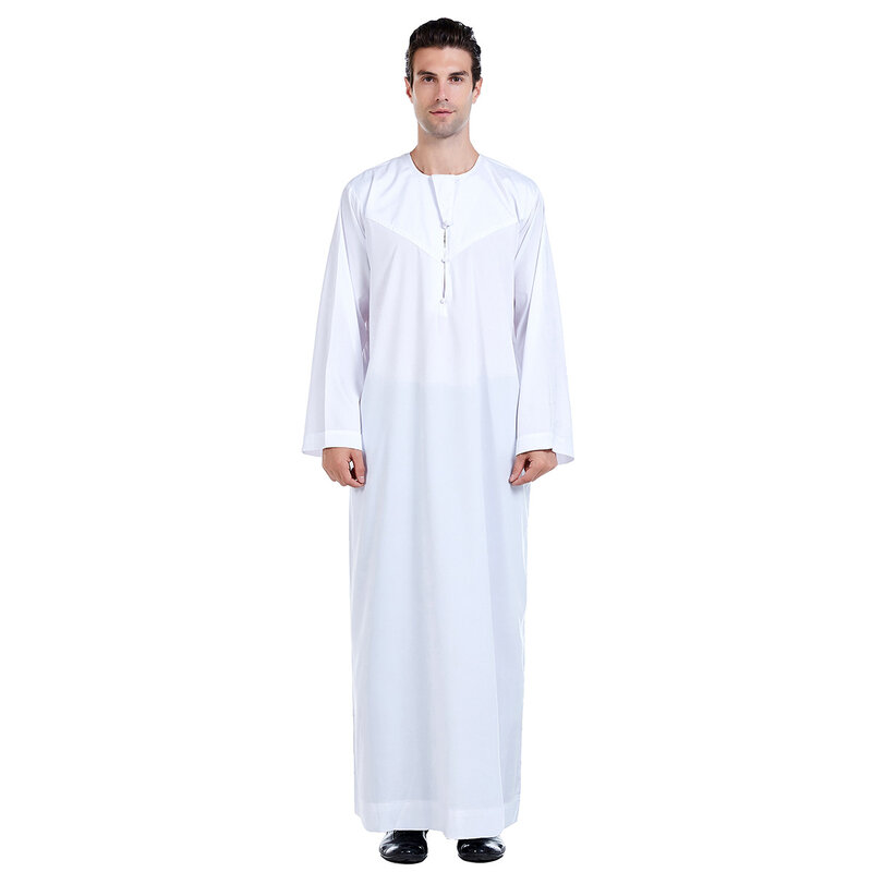 Jubba Thobe musulmán para hombre, Túnica fina de manga larga, de cuello redondo caftán, moda árabe islámica