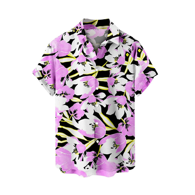 Baju pantai pria, kaus kasual Hawai musim panas lengan pendek kerah tanaman bunga pakaian liburan Hawaii