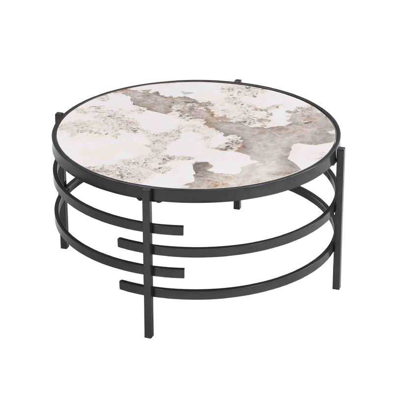 Mesa de café redonda com pedra sinterizada Top, resistente Metal Frame, mesa lateral moderna para sala de estar, 32,48 polegadas