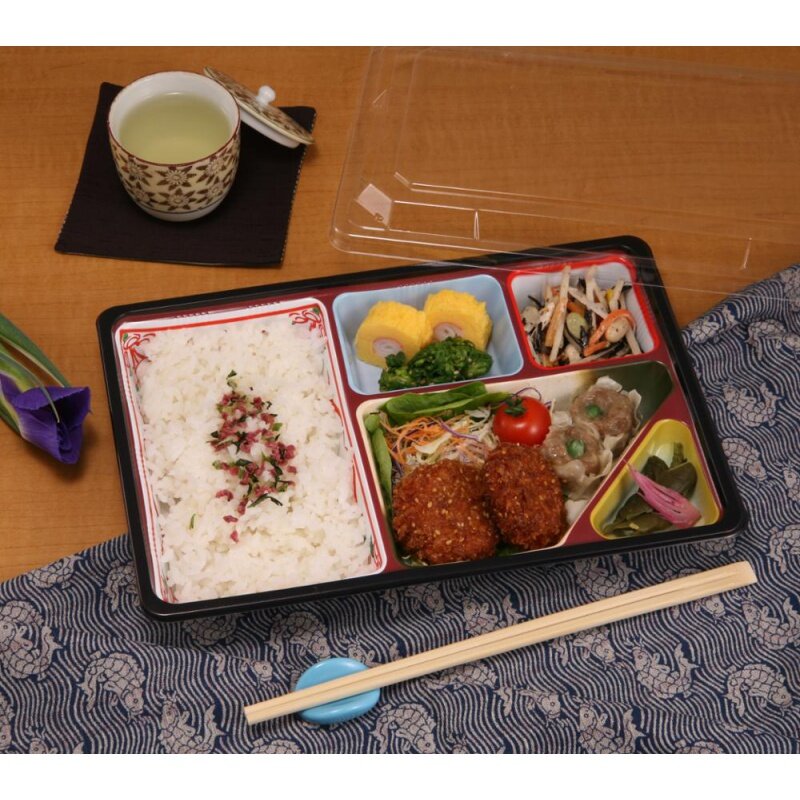 Produk kustom kotak makan siang bento plastik kemasan makanan warna sekali pakai pembuat Jepang 5 kompartemen hidangan restoran