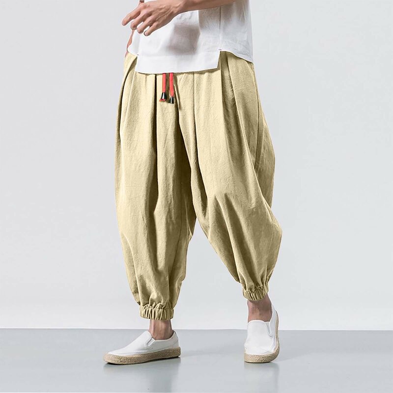 Pantalones de pierna ancha para hombre, Pantalón elástico con cordón, holgado e informal, de algodón y lino, Color sólido