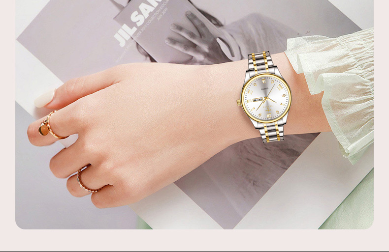 デュアルカレンダーディスプレイ付きカップル腕時計、高級時計、ステンレス鋼、防水、発光ハンド時計、愛好家セット