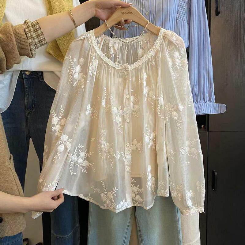 Borduurwerk Bloemen Shirt Sling Tweedelige Set Voor Vrouwen Nieuwe Elegante Chique Lange Mouwen Blouses Kantoor Dames Knoop Casual Tops
