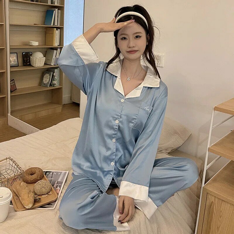 Pijamas de 2 peças femininas define pijamas sólidos falso cetim de seda lapela pijamas feminino sleepwear manga longa camisa calças terno
