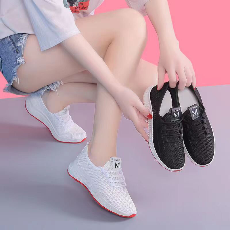 รองเท้าผ้าใบสีขาวสำหรับผู้หญิง, รองเท้าวิ่งเทนนิสรองเท้าแฟชั่นระบายอากาศได้พื้นนุ่มใส่เดินสบายๆสำหรับฤดูร้อน