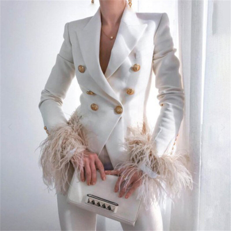 Elegante Blazer di piume da donna 2023 nuovo colletto rovesciato Top Casual manica lunga Lady Fashion giacca doppiopetto capispalla da ufficio