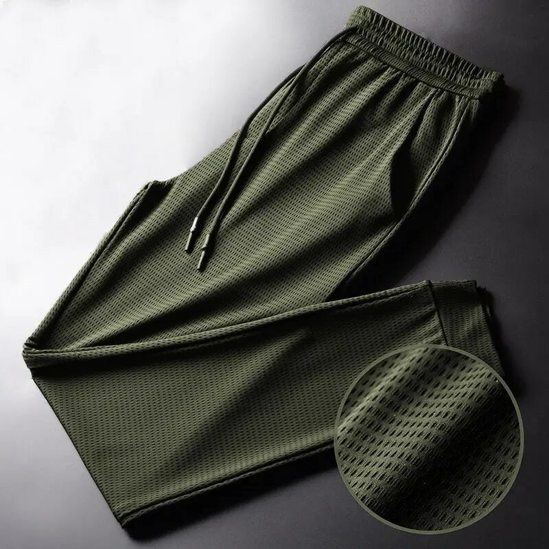 กางเกงผ้าตาข่ายผ้าไอซ์ซิลค์สำหรับผู้ชายกางเกงฟิตเนสกางเกงรัดข้อเท้าผ้ายืดลำลองระบายอากาศได้ดีฤดูร้อน