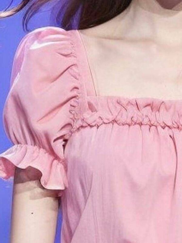 Kemeja kantor seksi Wanita Mode Korea blus lengan pendek kerah persegi atasan tunik Solid Kasual kaus blus longgar