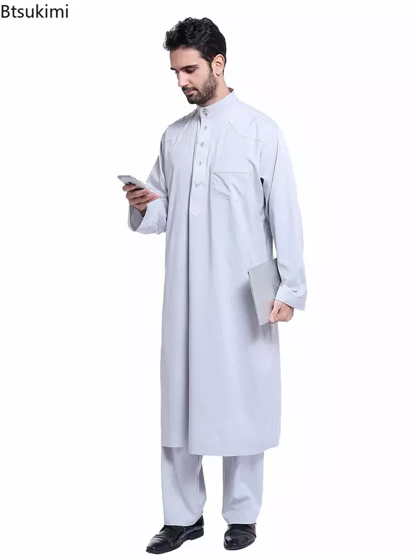 Homens Árabes Muçulmanos Jubba Thobe Botão Robe + pants2pcs Roupas Terno Abaya Arábia Saudita Eid Turquia Kurtas Islâmico Muçulmano Vestido Diário