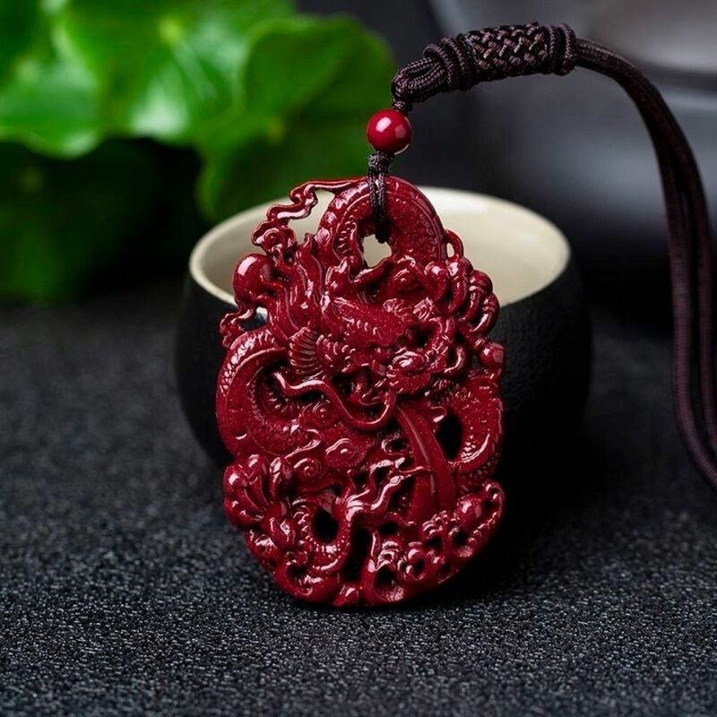 Pure Natural Cinnabar Nine Dragon Brand Double-sided Carving Hollow Chinese Long Carving Pendant Safe Zodiac for Men and Women's