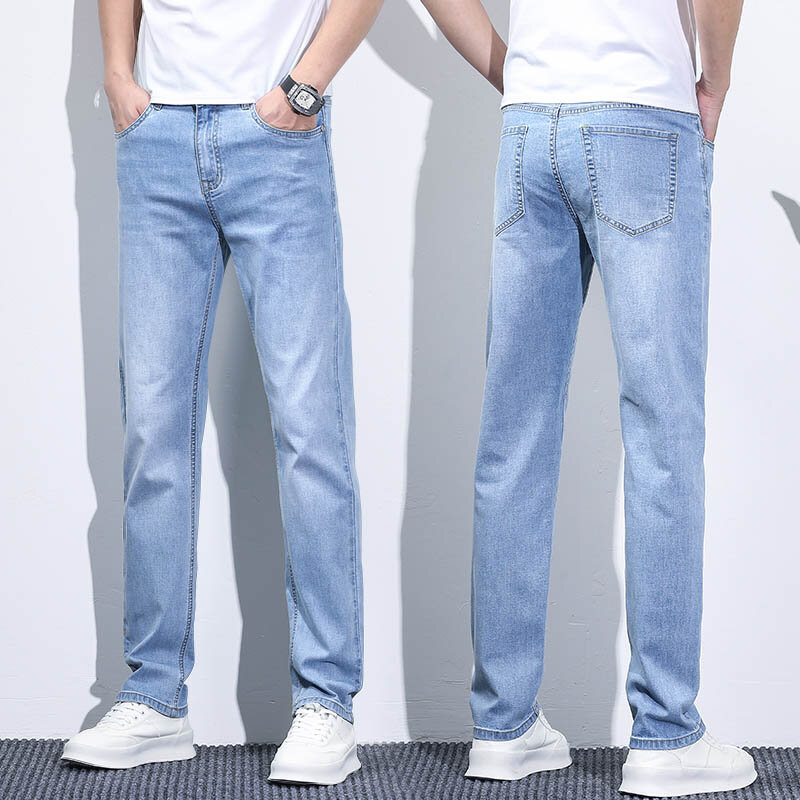 Jeans de perna reta clássico masculino, calça jeans longa, justa, stretch, casual, simples, negócio, moda