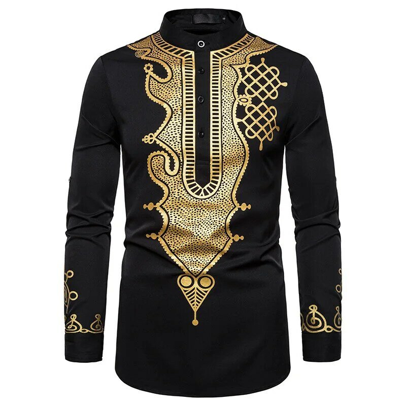 Camicia da uomo musulmana abbigliamento islamico stampa Stand Color Tops Kurta camicie a maniche lunghe stampate nazionali maschile Folk Hip Hop Streetwear