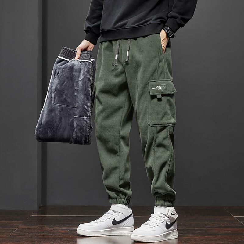 Winter Men's Fleece Jogging Pants Warm Thick Corduroy Cargo Trousers Fashion Korean Casual Harem Sweatpants Streetwear Black