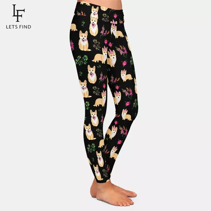 LETSFIND-mallas ajustadas de cintura alta para mujer, Leggings con estampado de Corgi y flores de dibujos animados, a la moda