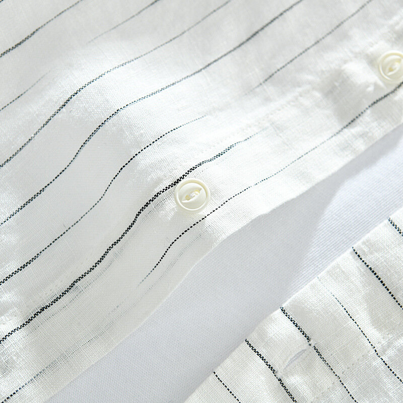 Jm286 camisas de manga corta para hombre, camisas de lino de estilo japonés a la moda para jóvenes, informales, a rayas, combina con todo, Tops masculinos de cuello alto