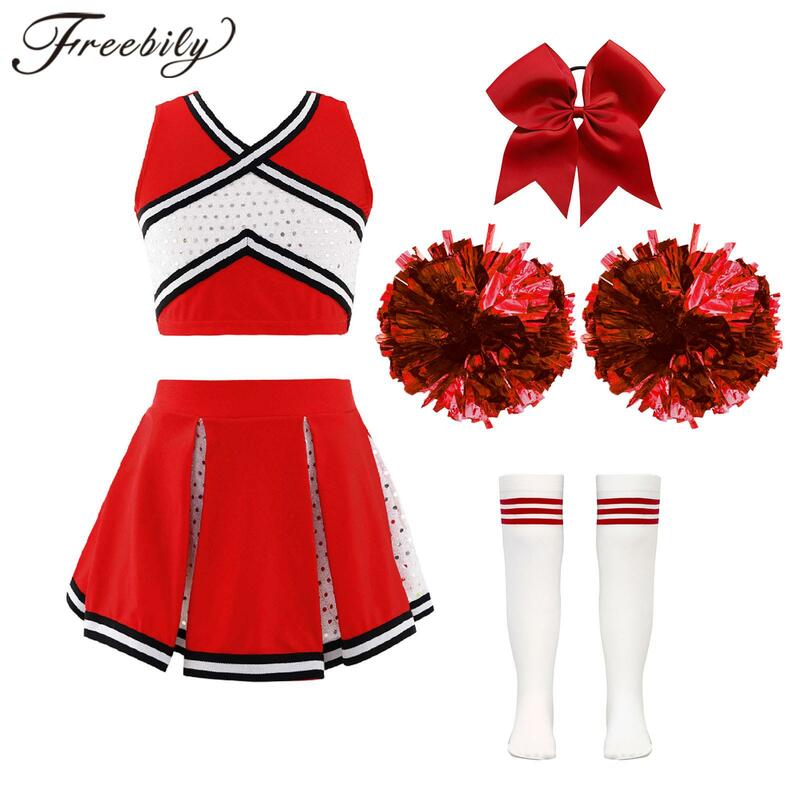 Strój cheerleaderek dla dzieci strój cheerleaderek Crop Top bez rękawów spódnica ze skarpetkami dziecko kwiatów szkoły dziewczyny komplety odzieży