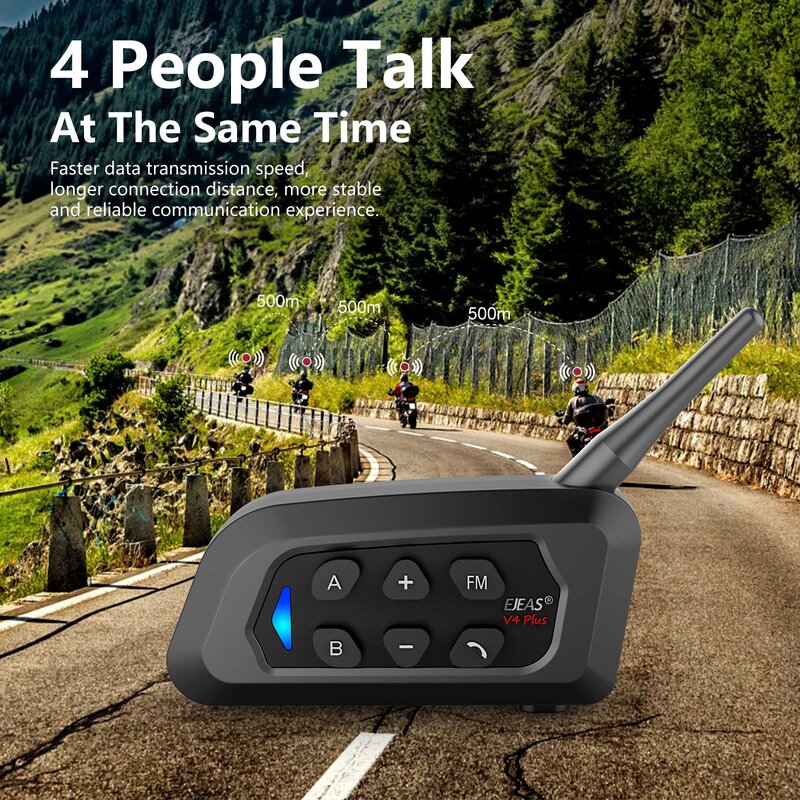 EJEAS – oreillette Bluetooth V4 Plus pour moto, appareil de communication pour casque, portée 1500M, duplex intégral, pour 4 motocyclistes, groupe parlant, IP65
