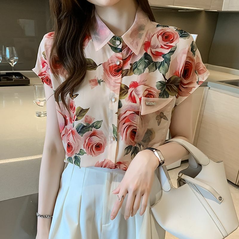 Blus wanita motif bunga, pakaian wanita sifon Splice kerah cetak Vintage, blus kantor wanita Korea longgar baru musim panas 2024