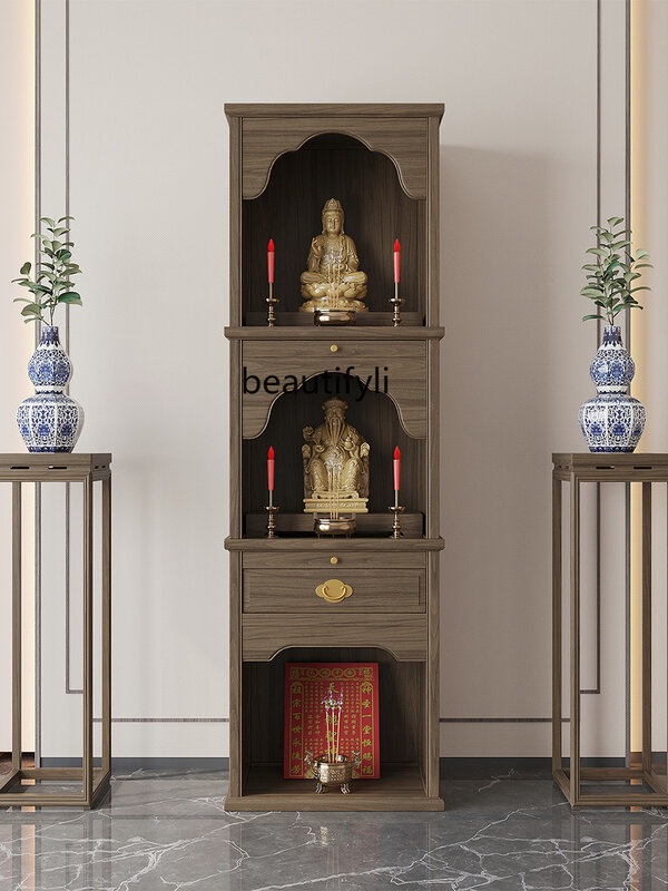 Madeira maciça três camadas de Buda santuário, mesa de altar, oração doméstica, Guanyin, ancestral, senhorio
