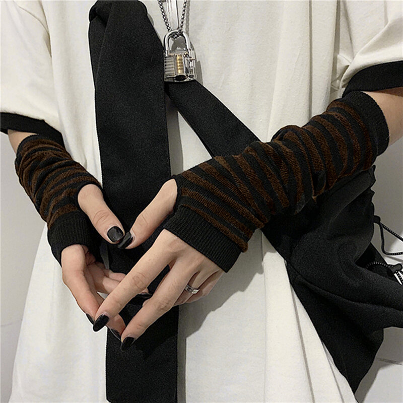 1 Pair Fashion Ladies Striped Elbow Gloves Warmer Knitted Long Fingerless Gloves Women Elbow Mittens Sun Screen Arm Sleeves
