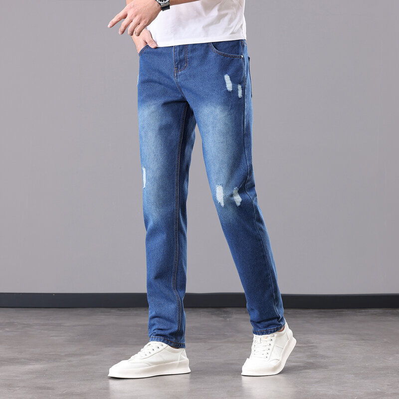 Pantalones vaqueros de talla grande para hombre, jeans delgados con agujeros irregulares, marca de marea, hip-hop, modelos delgados 46 48