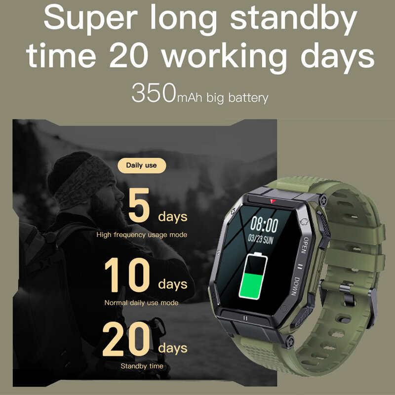 CanMixs K55 Military Smart Watch Men 1.85inch 2022 Bluetooth Call 350mAh 24H Healthy Monitor Outdoor IP68 Waterproof Smartwatch