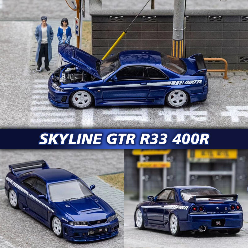 Skyline-Diecast Azul Capa Aberta Modelo de Carro Diecast, FH em Estoque, 1:64 Skyline GTR R33 Nismo 400R, Coleção Carros Miniatura, Focal Horizon
