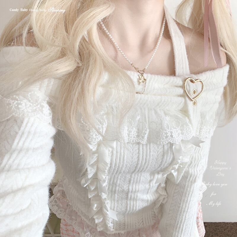 Słodkie styl Lolita Kawaii koronkowe falbany z kokardą dziergany sweter dziewczynek urocze głęboki dekolt uwielbiają klamerka w kształcie serca swetry damskie bluzki z dzianiny