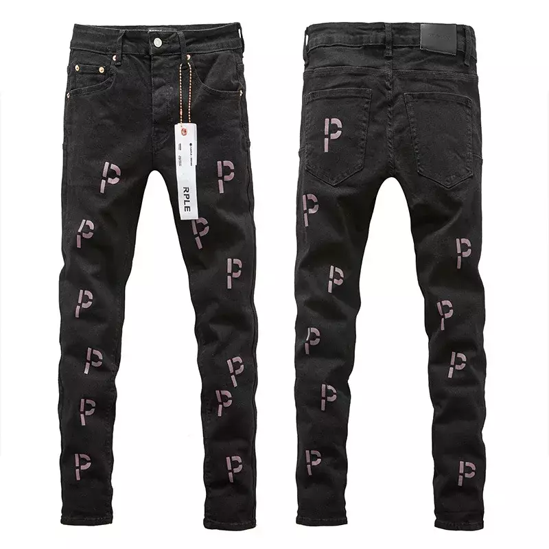Jeans de marca roxa de alta qualidade, tendência americana High Street Hole Patch, calça reta retrô elegante e fina