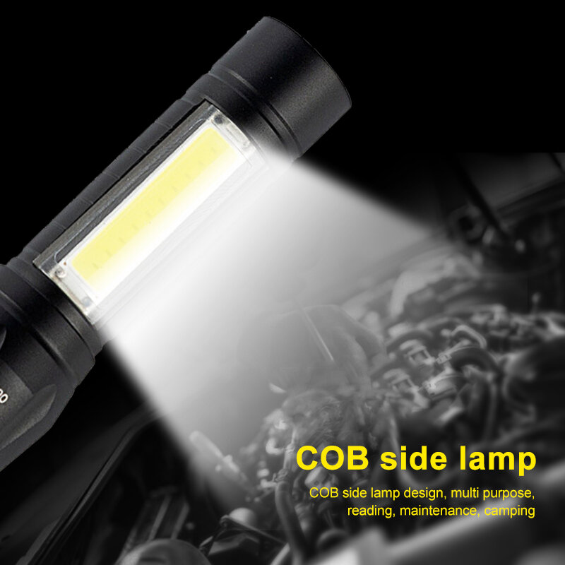 Lampu senter LED Mini portabel dapat diisi ulang USB, Senter COB 3 mode pencahayaan, lampu berkemah dengan baterai bawaan