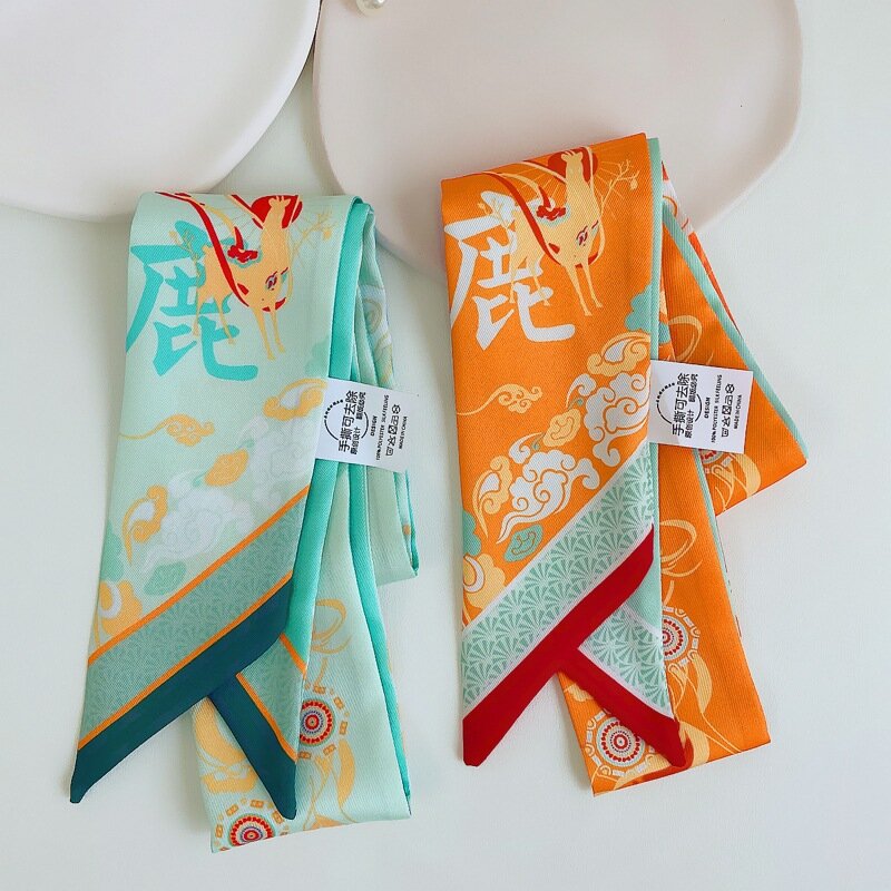 Dunhuang-bufanda de seda pequeña para mujer, nueva bufanda con asa impresa, cintas de marca a la moda, para la cabeza, larga y delgada