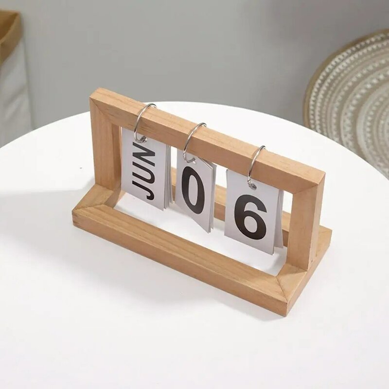 Kalender meja kayu padat, hiasan meja dengan cincin logam besi tahan karat kayu abadi