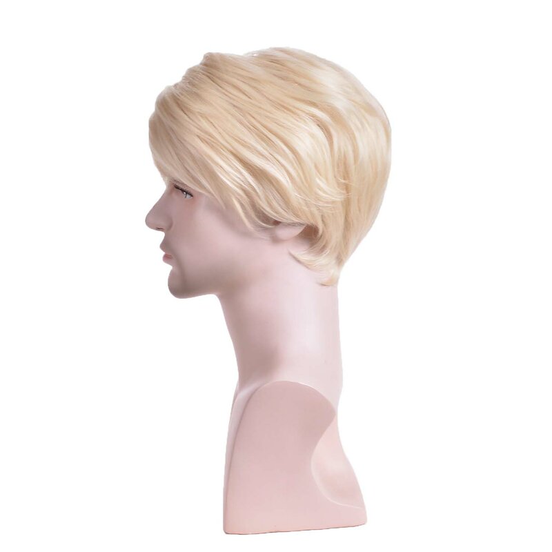Men's Wig Synthetic Hair Fluffy Short Light Blonde Layered Wigs with Bangs Looking Daily Party Casual Adjustable Cap Size