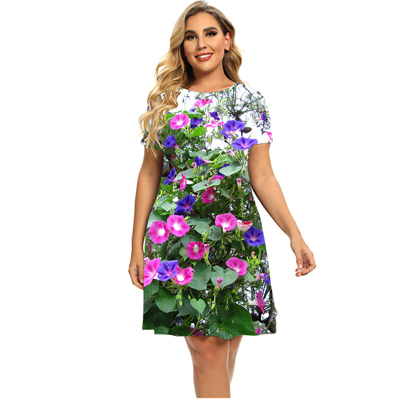2023 neue Frauen Kleider Plus Größe Sommer Anlage Blumen 3D Print Kurzarm Kleid Casual O-ansatz A-Line Sommerkleid 5XL 6XL kleidung