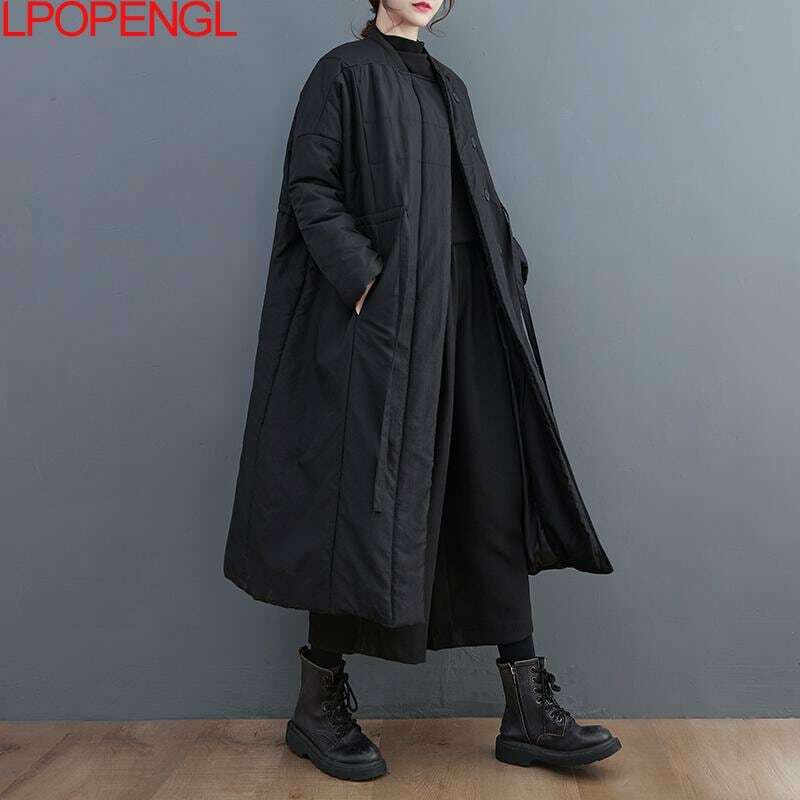 Nowy jednolity kolor z długim rękawem, napinając pas płaszcz ze sznurkiem ciepły gruby kurtka jednorzędowa Streetwear