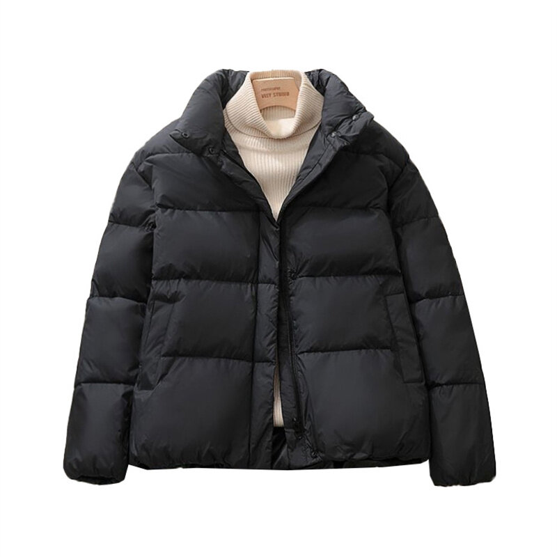 2023 moda czarny zimowy damski krótki płaszcz puch kurtka podszyta bawełną luźne grube parki dziewczęce stójki płaszcz