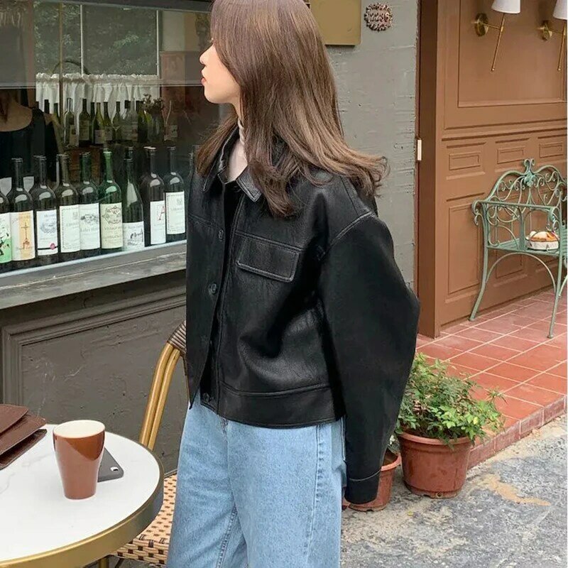 GIDYQ Streetwear Moto kurtka ze skóry sztucznej kobiet w stylu Vintage luźna para ze sztucznej skóry kurtka na rower Harajuku casualowa odzież wierzchnia