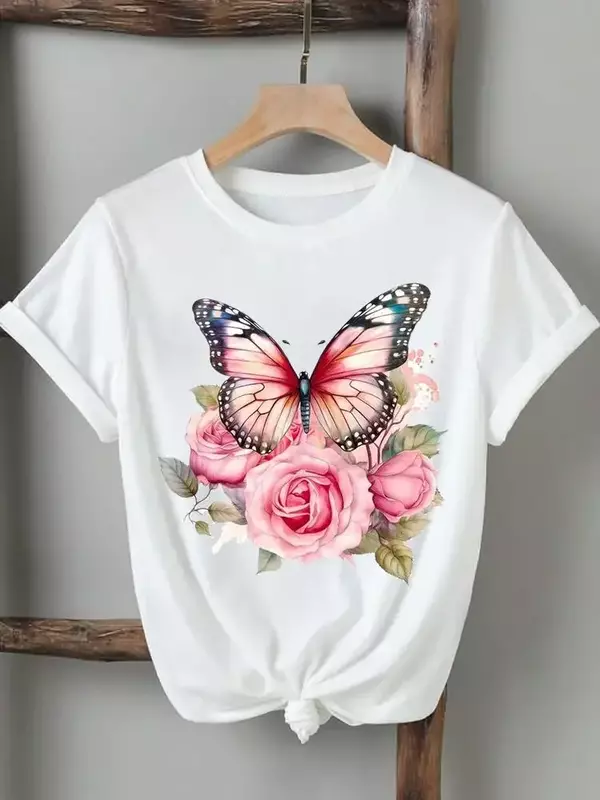 Women Lady tshirts printed fashion casual tee Flower Wing butterfly 90s short sleeve graphic t top clothing printing T-shirt