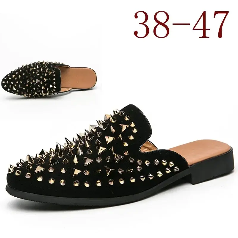 Luksusowy Design metalowy nit mokasyny męskie obuwie brytyjskie męskie skórzane buty czarne pół-najlepsze buty duży rozmiar 38-47