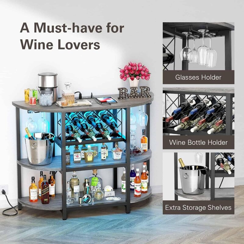 Bar & Wine Cabinets, Table Cabinet with Power Outlet, LED Home Mini Cabinet for Liquor, Bar & Wine Cabinets